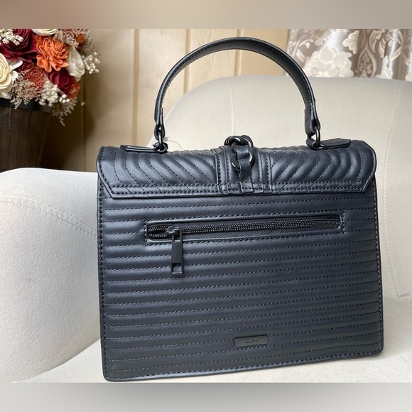 New! ALDO Black Women Shoulder Bag Quilted Black Chain Accent With Poof Charm - Picture 2 of 6